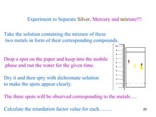 Experiment to Separate Silver, Mercury and mixture!!!
Take the solution containing the mixture of these
two metals in form of their corresponding compounds.
Drop a spot on the paper and keep into the mobile
phase and run the water for the given time.
Dry it and then spry with dichromate solution
to make the spots appear clearly.
The three spots will be observed corresponding to the metals….
Calculate the retardation factor value for each…….. 20
 