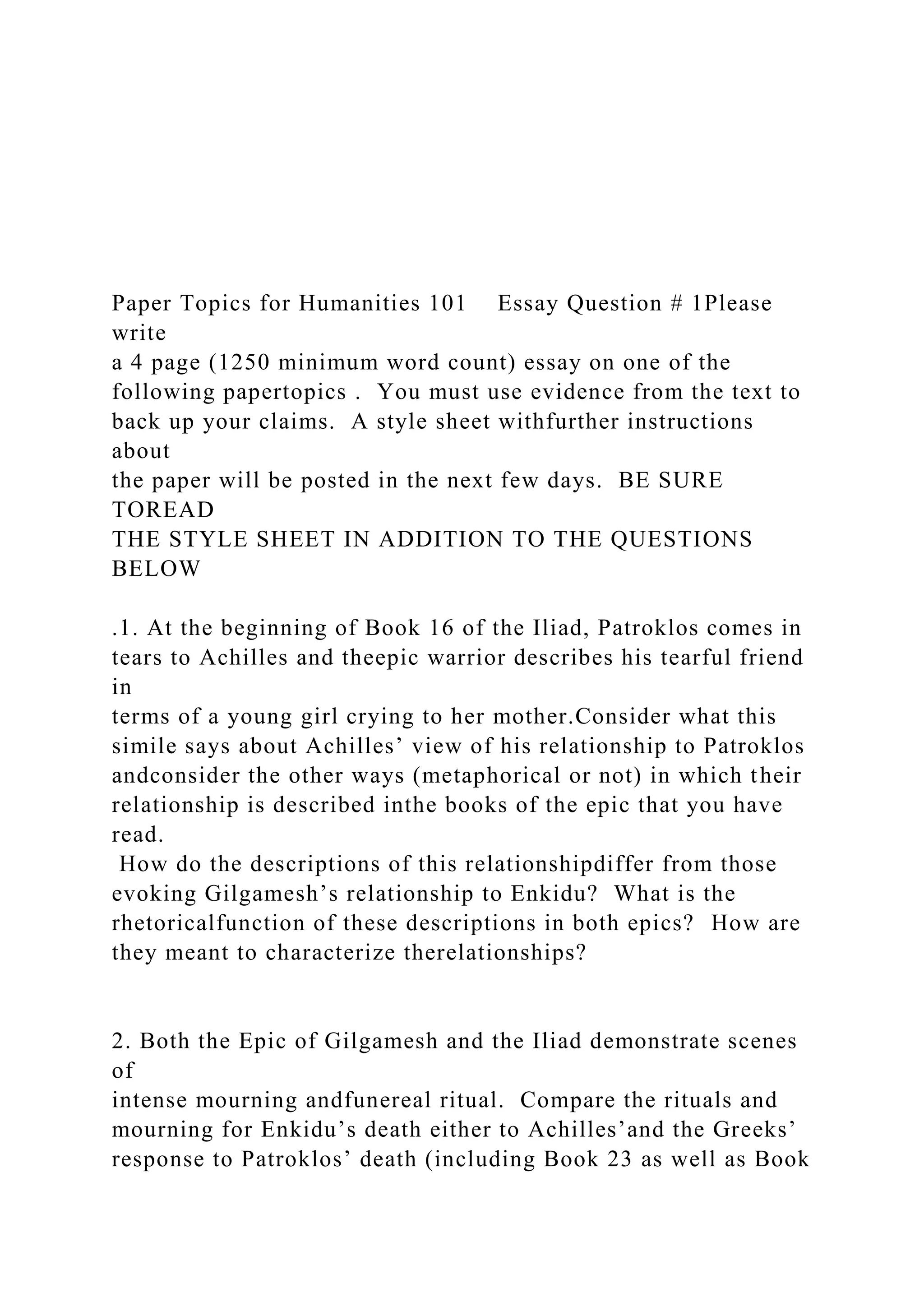 Paper Topics for Humanities 101 Essay Question # 1Pleas.docx