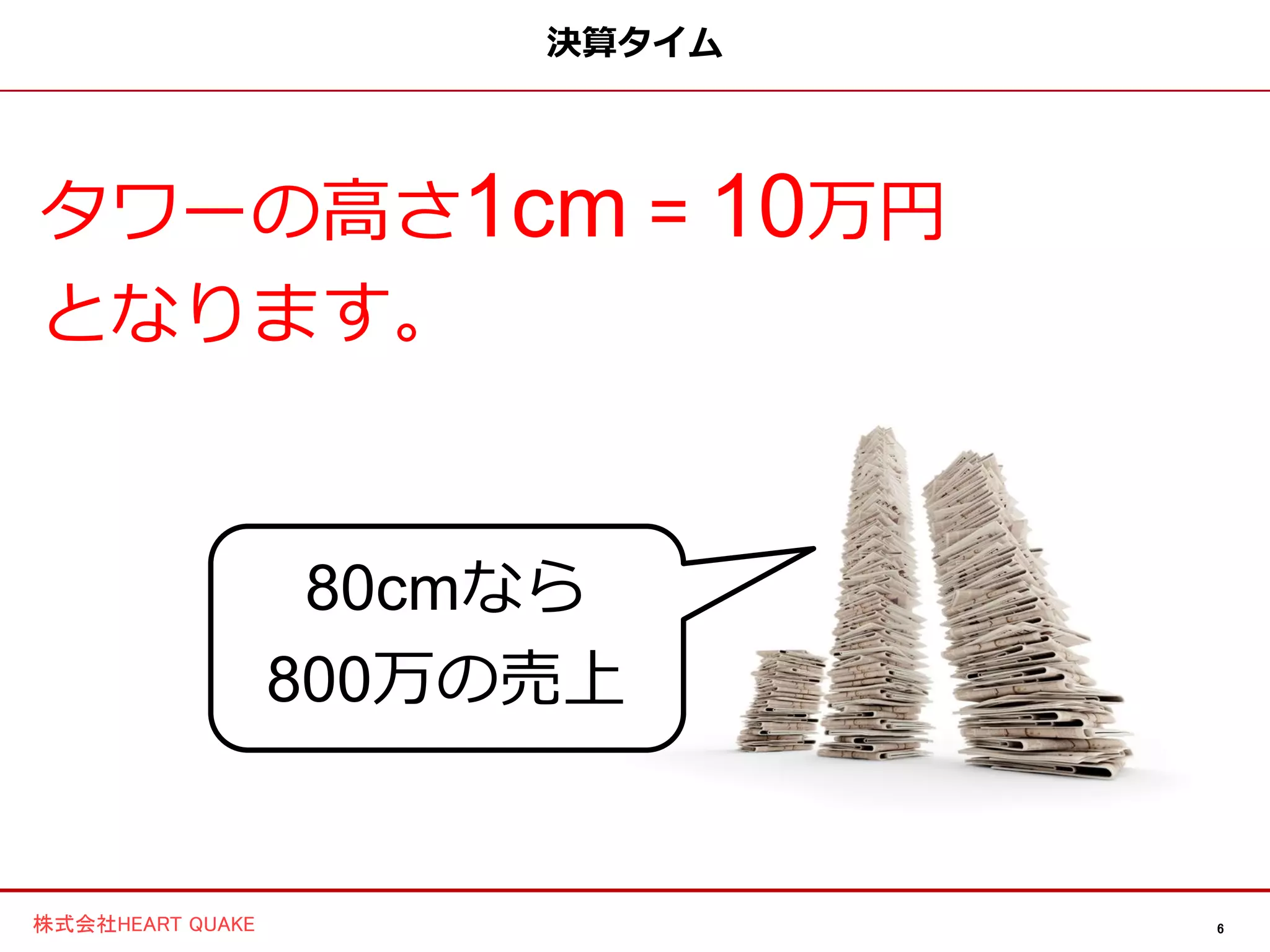 6株式会社HEART QUAKE
決算タイム
タワーの高さ1cm = 10万円
となります。
80cmなら
800万の売上
 