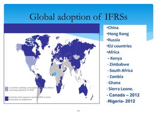 Global adoption of IFRSs
101
•China
•Hong Kong
•Russia
•EU countries
•Africa
- Kenya
- Zimbabwe
- South Africa
- Zambia
- Ghana
- Sierra Leone.
- Canada – 2012
-Nigeria- 2012
Countries that require or permit IFRS or have
fixed dates to implement
Countries seeking convergence with the IASB or
pursuing adoption of IFRS
 