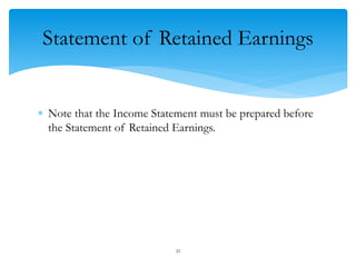 Statement of Retained Earnings
 Note that the Income Statement must be prepared before
the Statement of Retained Earnings.
32
 