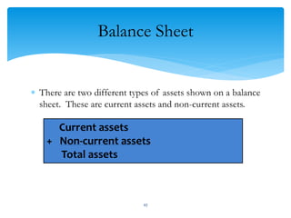 Balance Sheet
 There are two different types of assets shown on a balance
sheet. These are current assets and non-current assets.
Current assets
+ Non-current assets
Total assets
43
 