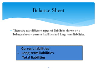 Balance Sheet
 There are two different types of liabilities shown on a
balance sheet – current liabilities and long-term liabilities.
Current liabilities
+ Long-term liabilities
Total liabilities
49
 