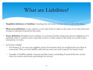 What are Liabilities?
 Simplified definition of liabilities: Anything that will reduce an asset (such as cash) in the future.
 More exact definition: a loan, expense, or any other form of claim on the assets of an entity that must
be paid or otherwise honored by that entity.
 Exact definition: Probable future sacrifices of economic benefits arising from present obligations of a
particular entity to transfer assets or provide services to other entities in the future as a result of past
transactions or events.
 Let’s keep it simple!
 For instance, if you owe your suppliers money for inventory then you would need to pay them at
some point. Thus, you have liability until cash (an asset) was used to payoff the money owed.
 Example of liabilities include: Accounts payable, Loans outstanding, Unearned Services (occurs
when you receive cash before performing your service)
64
 