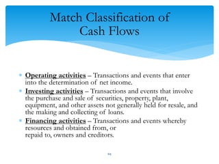 Match Classification of
Cash Flows
 Operating activities – Transactions and events that enter
into the determination of net income.
 Investing activities – Transactions and events that involve
the purchase and sale of securities, property, plant,
equipment, and other assets not generally held for resale, and
the making and collecting of loans.
 Financing activities – Transactions and events whereby
resources and obtained from, or
repaid to, owners and creditors.
69
 
