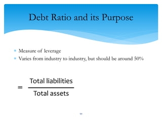 Debt Ratio and its Purpose
 Measure of leverage
 Varies from industry to industry, but should be around 50%
Total liabilities
Total assets
=
94
 