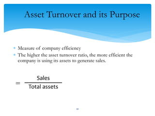 Asset Turnover and its Purpose
 Measure of company efficiency
 The higher the asset turnover ratio, the more efficient the
company is using its assets to generate sales.
Sales
Total assets=
96
 