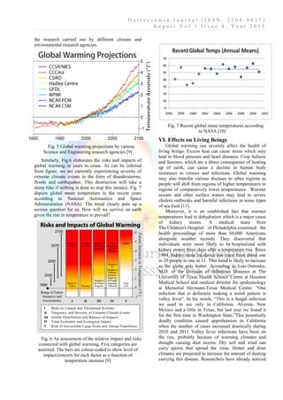 D u r r e e s a m i n J o u r n a l ( I S S N : 2 2 0 4 - 9 8 2 7 )
A u g u s t V o l 1 I s s u e 4 , Y e a r 2 0 1 5
the research carried out by different climate and
environmental research agencies.
Fig. 5 Global warming projections by various
Science and Engineering research agencies [9]
Similarly, Fig.6 elaborates the risks and impacts of
global warming in years to come. As can be inferred
from figure, we are currently experiencing severity of
extreme climate events in the form of thunderstorms,
floods and earthquakes. This destruction will take a
sharp hike if nothing is done to stop this menace. Fig. 7
depicts global mean temperature in the recent years
according to National Aeronautics and Space
Administration (NASA). The trend clearly puts up a
serious question for us. How will we survive on earth
given the rise in temperature to prevail?
Fig. 6 An assessment of the relative impact and risks
connected with global warming. Five categories are
assessed. The bars are colour-coded to show level of
impact/concern for each factor as a function of
temperature increase [9]
Fig. 7 Recent global mean temperatures according
to NASA [10]
VI. Effects on Living Beings
Global warming can severely affect the health of
living beings. Excess heat can cause stress which may
lead to blood pressure and heart diseases. Crop failures
and famines, which are a direct consequence of heating
up of earth, can cause a decline in human body
resistance to viruses and infections. Global warming
may also transfer various diseases to other regions as
people will shift from regions of higher temperatures to
regions of comparatively lower temperatures. Warmer
oceans and other surface waters may lead to severe
cholera outbreaks and harmful infections in some types
of sea food [11].
Moreover, it is an established fact that warmer
temperatures lead to dehydration which is a major cause
of kidney stones. A medical team from
The Children's Hospital of Philadelphia examined the
health proceedings of more than 60,000 Americans
alongside weather records. They discovered that
individuals were most likely to be hospitalized with
kidney stones three days after a temperature rise. Since
1994, kidney stone incidence has risen from about one
in 20 people to one in 11. This trend is likely to increase
as the globe gets hotter. According to Luis Ostrosky,
M.D. of the Division of Infectious Diseases at The
University of Texas Health Science Centre at Houston
Medical School and medical director for epidemiology
at Memorial Hermann-Texas Medical Centre: “One
infection that is definitely making a weird pattern is
valley fever”. In his words, “This is a fungal infection
we used to see only in California, Arizona, New
Mexico and a little in Texas, but last year we found it
for the first time in Washington State.”This potentially
deadly condition caused apprehension in California
when the number of cases increased drastically during
2010 and 2011. Valley fever infections have been on
the rise, probably because of warming climates and
drought causing dust storms. Dry soil and wind can
carry spores that spread the virus. Hotter and drier
climates are projected to increase the amount of dusting
carrying this disease. Researchers have already noticed
 