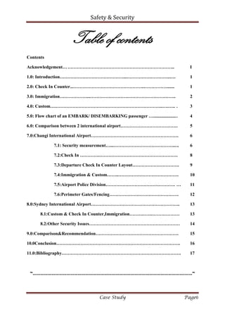 Safety & Security
Case Study Page0
Table of contents
Contents
Acknowledgement……………………………………………………………….. I
1.0: Introduction……………………………………...………………………..…. 1
2.0: Check In Counter...………………………………………..……………....... 1
3.0: Immigration………………...…………………….………………………….. 2
4.0: Custom….……………………………………………………………..….….. . 3
5.0: Flow chart of an EMBARK/ DISEMBARKING passenger …..................... 4
6.0: Comparison between 2 international airport……………………………….. 5
7.0:Changi International Airport…………………………………………………. 6
7.1: Security measurement…...…………………………………..... 6
7.2:Check In ………….……………………………………………. 8
7.3:Departure Check In Counter Layout…………………………. 9
7.4:Immigration & Custom……..…………………………………. 10
7.5:Airport Police Division………………………………………. … 11
7.6:Perimeter Gates/Fencing………………………………………. 12
8.0:Sydney International Airport………………………………………………….. 13
8.1:Custom & Check In Counter,Immigration…………………………… 13
8.2:Other Security Issues…………………………………………………… 14
9.0:Comparison&Recommendation………………………………………………. 15
10.0Conclusion………………………………………………………………………. 16
11.0:Bibliography……………………………………………………………………. 17
~………………………………………………………………………………………………………….……~
 