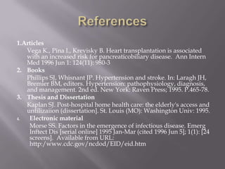 1.Articles
Vega K., Pina I., Krevisky B. Heart transplantation is associated
with an increased risk for pancreaticobiliary disease. Ann Intern
Med 1996 Jun 1: 124(11): 980-3
2. Books
Phillips SJ, Whisnant JP. Hypertension and stroke. In: Laragh JH,
Bremier BM, editors. Hypertension: pathophysiology, diagnosis,
and management. 2nd ed. New York: Raven Press; 1995. P.465-78.
3. Thesis and Dissertation
Kaplan SJ. Post-hospital home health care: the elderly's access and
untilizaiion (dissertation]. St. Louis (MO): Washington Univ: 1995.
4. Electronic material
Morse SS. Factors in the emergence of infectious disease. Emerg
Inftect Dis [serial online] 1995 Jan-Mar (cited 1996 Jun 5]; 1(1): [24
screens]. Available from URL:
http:/www.cdc.gov/ncdod/EID/eid.htm
 