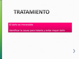 El daño es irreversible
Identificar la causa para tratarla y evitar mayor daño
 