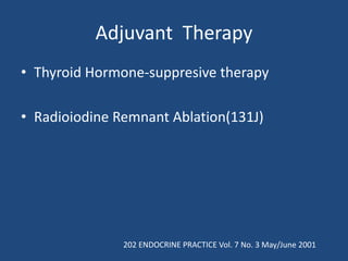 Adjuvant Therapy
• Thyroid Hormone-suppresive therapy
• Radioiodine Remnant Ablation(131J)
202 ENDOCRINE PRACTICE Vol. 7 No. 3 May/June 2001
 