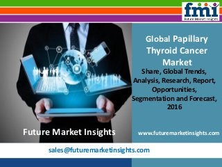 sales@futuremarketinsights.com
Global Papillary
Thyroid Cancer
Market
Share, Global Trends,
Analysis, Research, Report,
Opportunities,
Segmentation and Forecast,
2016
www.futuremarketinsights.comFuture Market Insights
 