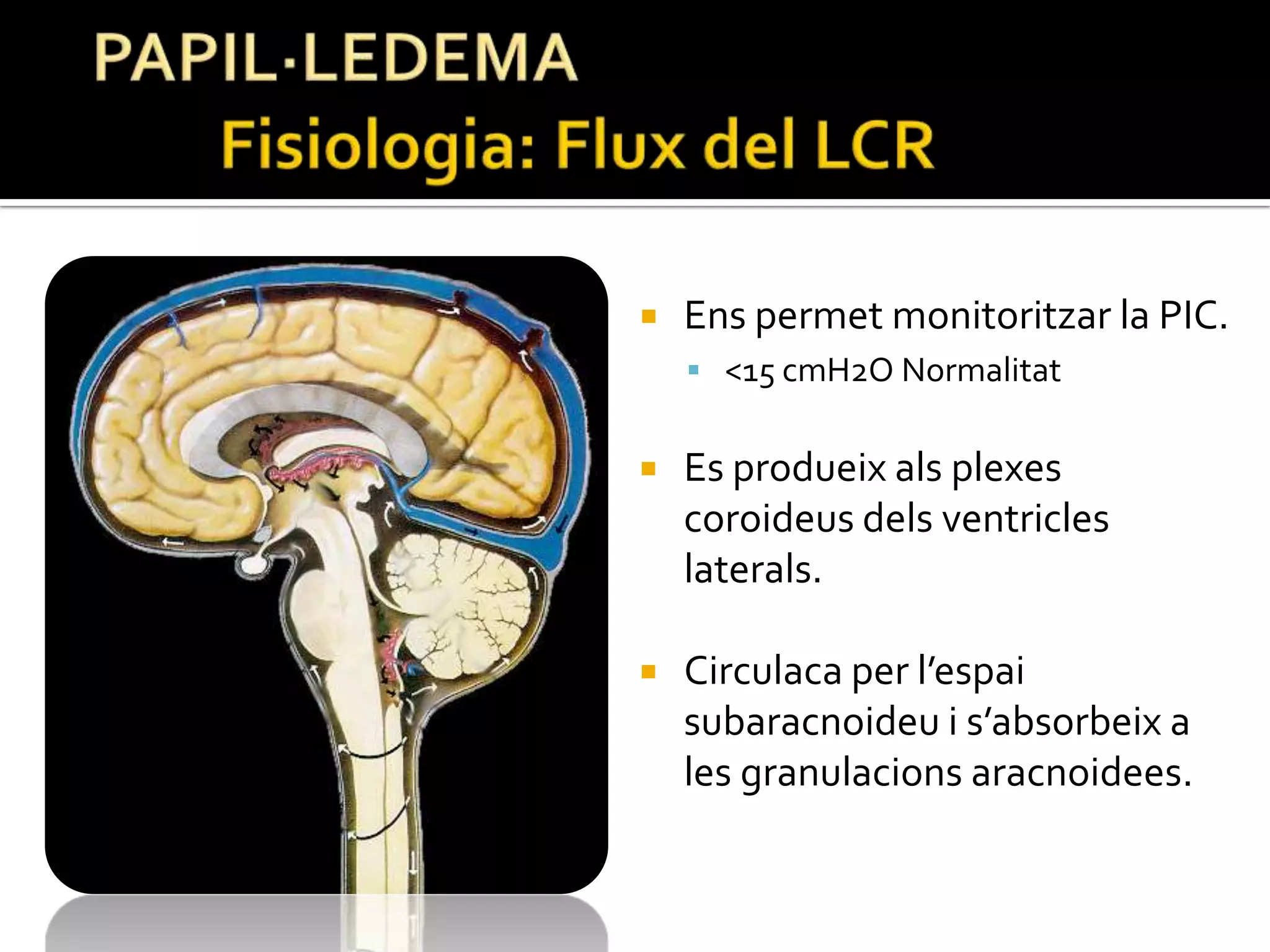 PAPIL·LEDEMAFisiologia: Flux del LCREnspermetmonitoritzar la PIC.<15 cmH2O NormalitatEs produeixalsplexescoroideusdelsventricleslaterals.Circulaca per l’espaisubaracnoideu i s’absorbeix a les granulacionsaracnoidees.