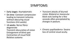 SYMPTOMS
• Early stages- Asymptomatic
• On time- Constant compression
leading to transient ischemia
without obscuring visual
functions (4-6 weeks)
• >6 weeks- Nerve fibres
degenerate
Transient obscuration of vision
Enlargement of blind spot
Contraction of visual field
Relative scotoma
• Transient attacks of blurred
vision- Bilateral or monocular
black outs lasting for a few
seconds often precipitated by
changes in posture.
• Chronic papilloedema- Severe
loss of central visual acuity.
 