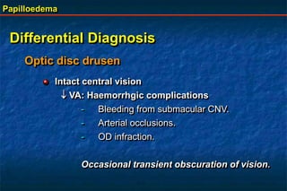 Papilloedema
Differential Diagnosis
Optic disc drusen
Intact central vision
 VA: Haemorrhgic complications
- Bleeding from submacular CNV.
- Arterial occlusions.
- OD infraction.
Occasional transient obscuration of vision.
 