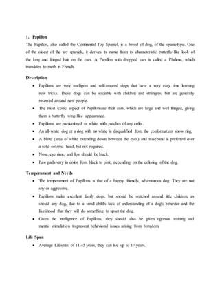 1. Papillon
The Papillon, also called the Continental Toy Spaniel, is a breed of dog, of the spanieltype. One
of the oldest of the toy spaniels, it derives its name from its characteristic butterfly-like look of
the long and fringed hair on the ears. A Papillon with dropped ears is called a Phalene, which
translates to moth in French.
Description
 Papillons are very intelligent and self-assured dogs that have a very easy time learning
new tricks. These dogs can be sociable with children and strangers, but are generally
reserved around new people.
 The most iconic aspect of Papillonsare their ears, which are large and well fringed, giving
them a butterfly wing-like appearance.
 Papillons are particolored or white with patches of any color.
 An all-white dog or a dog with no white is disqualified from the conformation show ring.
 A blaze (area of white extending down between the eyes) and noseband is preferred over
a solid-colored head, but not required.
 Nose, eye rims, and lips should be black.
 Paw pads vary in color from black to pink, depending on the coloring of the dog.
Temperament and Needs
 The temperament of Papillons is that of a happy, friendly, adventurous dog. They are not
shy or aggressive.
 Papillons make excellent family dogs, but should be watched around little children, as
should any dog, due to a small child's lack of understanding of a dog's behavior and the
likelihood that they will do something to upset the dog.
 Given the intelligence of Papillons, they should also be given rigorous training and
mental stimulation to prevent behavioral issues arising from boredom.
Life Span
 Average Lifespan of 11.45 years, they can live up to 17 years.
 