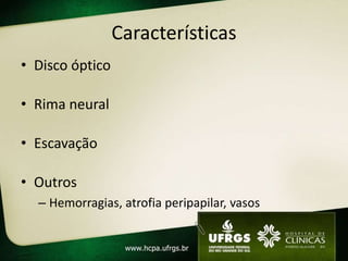 Características
• Disco óptico
• Rima neural
• Escavação
• Outros
– Hemorragias, atrofia peripapilar, vasos
 