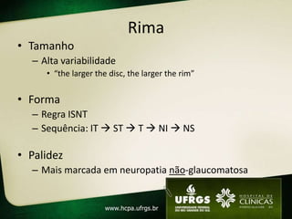Rima
• Tamanho
– Alta variabilidade
• “the larger the disc, the larger the rim”
• Forma
– Regra ISNT
– Sequência: IT  ST  T  NI  NS
• Palidez
– Mais marcada em neuropatia não-glaucomatosa
 