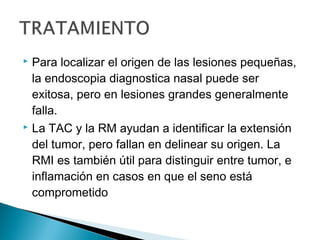  Para localizar el origen de las lesiones pequeñas,
la endoscopia diagnostica nasal puede ser
exitosa, pero en lesiones grandes generalmente
falla.
 La TAC y la RM ayudan a identificar la extensión
del tumor, pero fallan en delinear su origen. La
RMI es también útil para distinguir entre tumor, e
inflamación en casos en que el seno está
comprometido
 