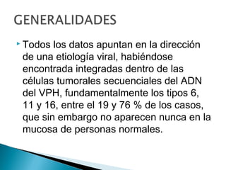  Todos los datos apuntan en la dirección
de una etiología viral, habiéndose
encontrada integradas dentro de las
células tumorales secuenciales del ADN
del VPH, fundamentalmente los tipos 6,
11 y 16, entre el 19 y 76 % de los casos,
que sin embargo no aparecen nunca en la
mucosa de personas normales.
 
