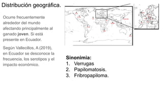Distribución geográfica.
Ocurre frecuentemente
alrededor del mundo
afectando principalmente al
ganado joven. Si está
presente en Ecuador.
Según Vallecillos, A (2019),
en Ecuador se desconoce la
frecuencia, los serotipos y el
impacto económico.
Sinonimia:
1. Verrugas
2. Papilomatosis.
3. Fribropapiloma.
 