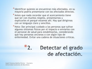 *
*Identificar quienes se encuentran más afectados, en su
mayoría podría presentarse con los afectados directos.
*Antes que nada recordar que el acercamiento tiene
que ser con muchos respeto, presentarnos y
explicarles el porqué estamos ahí. Hay que dirigirnos
con un lenguaje claro y sencillos.
*Nota: Dar principal cuidado a las personas que sufran
algunos síntomas físicos por el impacto e enviarlos con
el personal de salud para estabilizarlos, considerando
que hay personas ancianas o con algún tipo de
enfermedad. Evitar una cadena de situaciones criticas.
Ingrid Vanessa Medina Perera Coursera
Universidad Autónoma de Barcelona
 