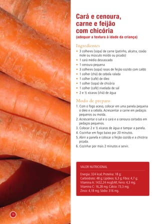 Valor nutricional
Energia: 324 kcal; Proteína: 18 g;
Carboidrato: 48 g; Lipídeos: 6,3 g; Fibra: 4,7 g;
Vitamina A: 1432,24 mcgEAR; Ferro: 4,3 mg;
Vitamina C: 16,28 mg; Cálcio: 73,3 mg;
Zinco: 4,18 mg; Sódio: 316 mg.
Cará e cenoura,
carne e feijão
com chicória
(adequar a textura à idade da criança)
Ingredientes
•	 3 colheres (sopa) de carne (patinho, alcatra, coxão
mole ou músculo moído ou picado)
•	 1 cará médio descascado
•	 1 cenoura pequena
•	 3 colheres (sopa) rasas de feijão cozido com caldo
•	 1 colher (chá) de cebola ralada
•	 1 colher (café) de óleo
•	 1 colher (sopa) de chicória
•	 1 colher (café) nivelada de sal
•	 2 e ½ xícaras (chá) de água
Modo de preparo
1. Com o fogo aceso, colocar em uma panela pequena
o óleo e a cebola. Acrescentar a carne em pedaços
pequenos ou moída.
2. Acrescentar o sal e o cará e a cenoura cortados em
pedaços pequenos.
3. Colocar 2 e ½ xícaras de água e tampar a panela.
4. Cozinhar em fogo baixo por 20 minutos.
5. Abrir a panela e colocar o feijão cozido e a chicória
picada.
6. Cozinhar por mais 2 minutos e servir.
10
 