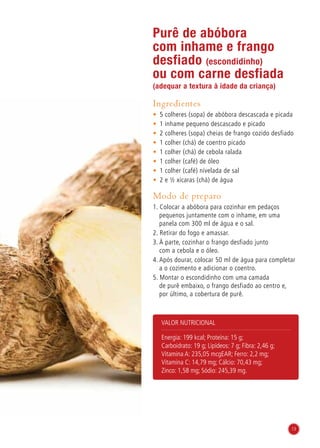 Purê de abóbora
com inhame e frango
desfiado (escondidinho)
ou com carne desfiada
(adequar a textura à idade da criança)
Ingredientes
•	 5 colheres (sopa) de abóbora descascada e picada
•	 1 inhame pequeno descascado e picado
•	 2 colheres (sopa) cheias de frango cozido desfiado
•	 1 colher (chá) de coentro picado
•	 1 colher (chá) de cebola ralada
•	 1 colher (café) de óleo
•	 1 colher (café) nivelada de sal
•	 2 e ½ xícaras (chá) de água
Modo de preparo
1. Colocar a abóbora para cozinhar em pedaços
pequenos juntamente com o inhame, em uma
panela com 300 ml de água e o sal.
2. Retirar do fogo e amassar.
3. À parte, cozinhar o frango desfiado junto
com a cebola e o óleo.
4. Após dourar, colocar 50 ml de água para completar
a o cozimento e adicionar o coentro.
5. Montar o escondidinho com uma camada
de purê embaixo, o frango desfiado ao centro e,
por último, a cobertura de purê.
Valor nutricional
Energia: 199 kcal; Proteína: 15 g;
Carboidrato: 19 g; Lipídeos: 7 g; Fibra: 2,46 g;
Vitamina A: 235,05 mcgEAR; Ferro: 2,2 mg;
Vitamina C: 14,79 mg; Cálcio: 70,43 mg;
Zinco: 1,58 mg; Sódio: 245,39 mg.
13
 