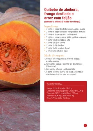 15
Quibebe de abóbora,
frango desfiado e
arroz com feijão
(adequar a textura à idade da criança)
Ingredientes
•	 3 colheres (sopa) de abóbora descascada e picada
•	 2 colheres (sopa) cheias de frango cozido desfiado
•	 3 colheres (sopa) de arroz cozido (papa)
•	 5 colheres (sopa) rasas de feijão cozido e amassado
•	 1 colher (chá) nivelada de alho
•	 1 colher (chá) de cebola
•	 1 colher (café) de óleo
•	 1 colher (café) nivelada de sal
•	 2 e ½ xícaras (chá) de água
Modo de preparo
1. Colocar em uma panela a abóbora, a cebola
e o alho picados.
2. Acrescentar a água e cozinhar até desmanchar
(25 minutos).
3. Acrescentar o frango cozido desfiado.
4. À parte, cozinhar o arroz e o feijão, seguindo as
orientações descritas para seu preparo.
Valor nutricional
Energia: 222 kcal; Proteína: 17,42 g;
Carboidrato: 24,12 g; Lipídeos: 6,16 g; Fibra: 2,96 g;
Vitamina A: 145,23 mcgEAR; Ferro: 2,16 mg;
Vitamina C: 8,96 mg; Cálcio: 47,88 mg;
Zinco: 1,79 mg; Sódio: 250,3 mg.
15
 