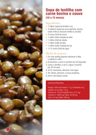 Sopa de lentilha com
carne bovina e couve
(10 a 12 meses)
Ingredientes
•	 1 colher (sopa) de lentilha crua
•	 3 colheres (sopa) de carne (patinho, alcatra,
coxão mole ou músculo moído ou picado)
•	 ½ xícara (chá) de couve
•	 1 colher (chá) nivelada de alho
•	 1 colher (chá) de cebola
•	 1 colher (café) de óleo
•	 1 colher (café) nivelada de sal
•	 1 e ½ xícara (chá) de água
Modo de preparo
1. Em uma panela pequena adicionar o óleo,
a cebola e o alho.
2. Acrescentar a carne e cozinhar por 30 segundos.
3. Juntar a lentilha, o sal e a água e cozinhar
por 20 minutos.
4. Se for necessário, adicionar mais água.
5. Por último, adicionar a couve picadinha.
6. Servir com batata cozida.
Valor nutricional
Energia: 189 kcal; Proteína: 17 g; Carboidrato: 6 g;
Lipídeos: 6,2 g; Fibra: 2,2 g;
Vitamina A: 123,09 mcgEAR; Ferro: 3,72 mg;
Vitamina C: 18,65 mg; Cálcio: 45,59 mg;
Zinco: 4,3 mg; Sódio: 248 mg.
20
 