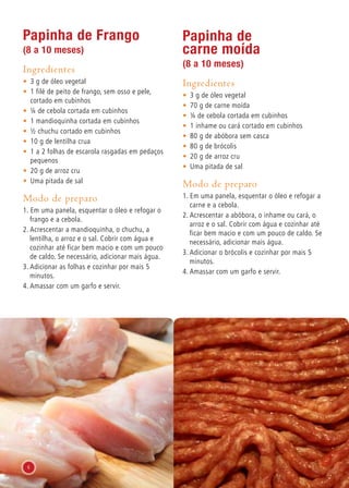 Papinha de Frango
(8 a 10 meses)
Ingredientes
•	 3 g de óleo vegetal
•	 1 filé de peito de frango, sem osso e pele,
cortado em cubinhos
•	 ¼ de cebola cortada em cubinhos
•	 1 mandioquinha cortada em cubinhos
•	 ½ chuchu cortado em cubinhos
•	 10 g de lentilha crua
•	 1 a 2 folhas de escarola rasgadas em pedaços
pequenos
•	 20 g de arroz cru
•	 Uma pitada de sal
Modo de preparo
1. Em uma panela, esquentar o óleo e refogar o
frango e a cebola.
2. Acrescentar a mandioquinha, o chuchu, a
lentilha, o arroz e o sal. Cobrir com água e
cozinhar até ficar bem macio e com um pouco
de caldo. Se necessário, adicionar mais água.
3. Adicionar as folhas e cozinhar por mais 5
minutos.
4. Amassar com um garfo e servir.
Papinha de
carne moída
(8 a 10 meses)
Ingredientes
•	 3 g de óleo vegetal
•	 70 g de carne moída
•	 ¼ de cebola cortada em cubinhos
•	 1 inhame ou cará cortado em cubinhos
•	 80 g de abóbora sem casca
•	 80 g de brócolis
•	 20 g de arroz cru
•	 Uma pitada de sal
Modo de preparo
1. Em uma panela, esquentar o óleo e refogar a
carne e a cebola.
2. Acrescentar a abóbora, o inhame ou cará, o
arroz e o sal. Cobrir com água e cozinhar até
ficar bem macio e com um pouco de caldo. Se
necessário, adicionar mais água.
3. Adicionar o brócolis e cozinhar por mais 5
minutos.
4. Amassar com um garfo e servir.
6
 