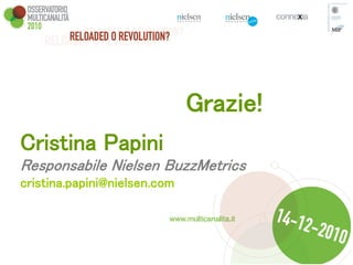 Grazie!
Cristina Papini
Responsabile Nielsen BuzzMetrics
cristina.papini@nielsen.com
 