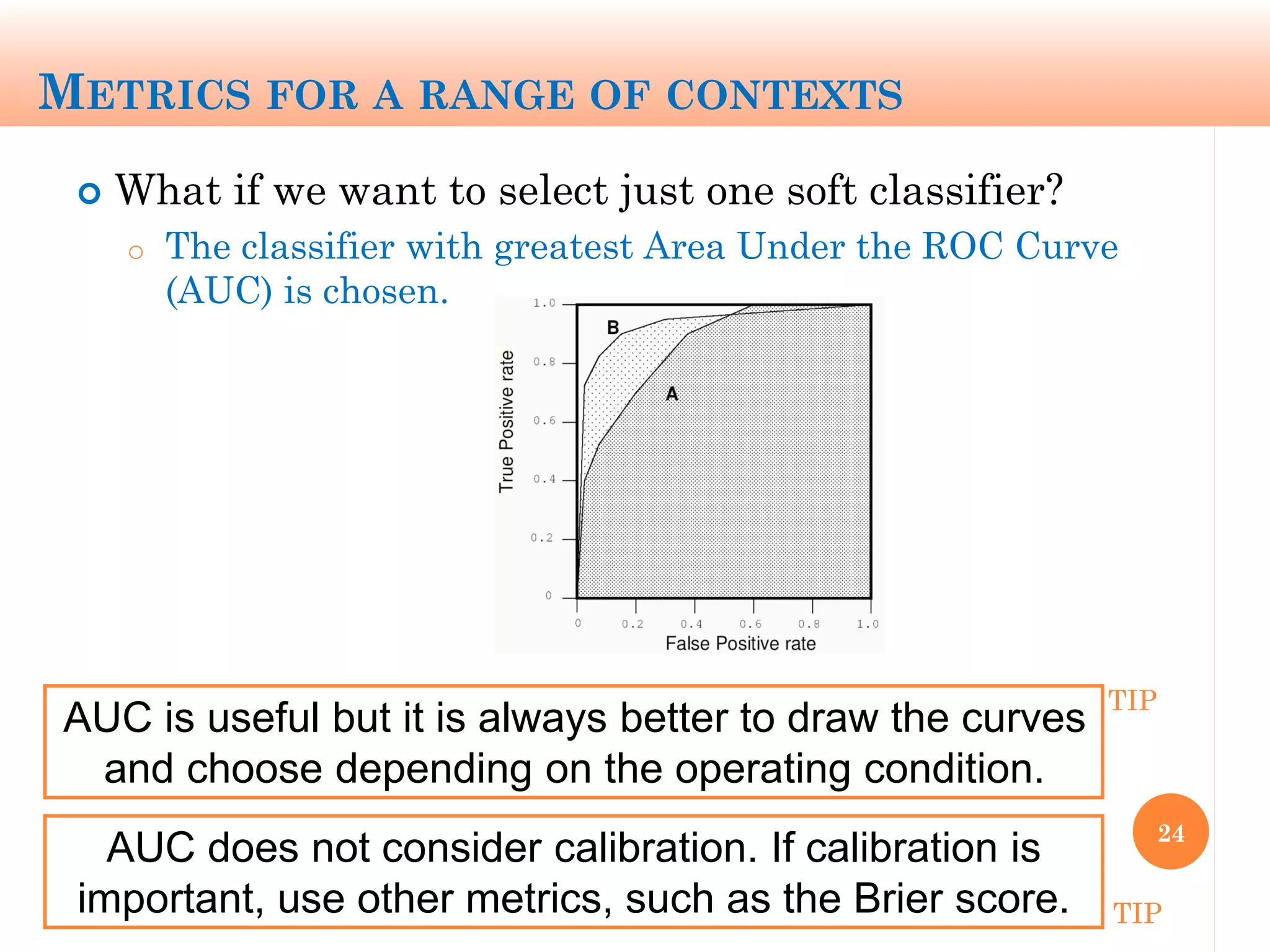 METRICS FOR A RANGE OF CONTEXTS
 What if we want to select just one soft classifier?
o The classifier with greatest Area Under the ROC Curve
(AUC) is chosen.
24
AUC does not consider calibration. If calibration is
important, use other metrics, such as the Brier score. TIP
AUC is useful but it is always better to draw the curves
and choose depending on the operating condition.
TIP
 