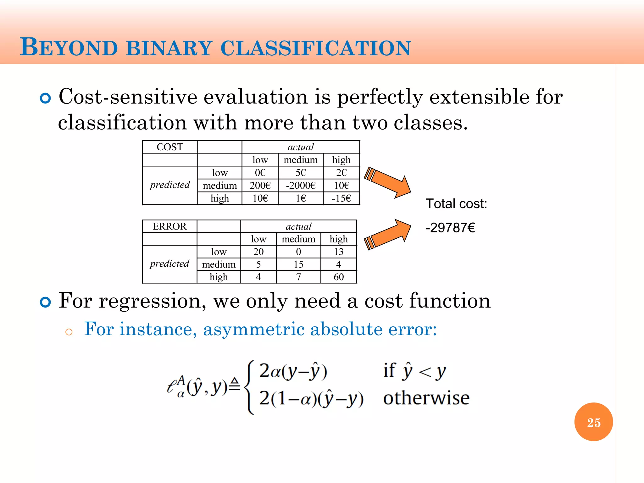 BEYOND BINARY CLASSIFICATION
 Cost-sensitive evaluation is perfectly extensible for
classification with more than two classes.
 For regression, we only need a cost function
o For instance, asymmetric absolute error:
25
ERROR actual
low medium high
low 20 0 13
medium 5 15 4predicted
high 4 7 60
COST actual
low medium high
low 0€ 5€ 2€
medium 200€ -2000€ 10€predicted
high 10€ 1€ -15€
Total cost:
-29787€
 