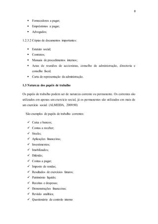 8
 Fornecedores a pagar;
 Empréstimos a pagar;
 Advogados;
1.2.3.2 Cópias de documentos importantes:
 Estatuto social;
 Contratos;
 Manuais de procedimentos internos;
 Actas de reuniões de accionistas, conselho de administração, directoria e
conselho fiscal;
 Carta de representação da administração.
1.3 Natureza dos papéis de trabalho
Os papéis de trabalho podem ser de natureza corrente ou permanente. Os correntes são
utilizados em apenas um exercício social, já os permanentes são utilizados em mais de
um exercício social. (ALMEIDA, 2009:90)
São exemplos de papéis de trabalho correntes:
 Caixa e bancos;
 Contas a receber;
 Stocks;
 Aplicações financeiras;
 Investimentos;
 Imobilizados;
 Diferido;
 Contas a pagar;
 Imposto de rendas;
 Resultados de exercícios futuros;
 Património líquido;
 Receitas e despesas;
 Demonstrações financeiras;
 Revisão analítica;
 Questionário de controlo interno
 