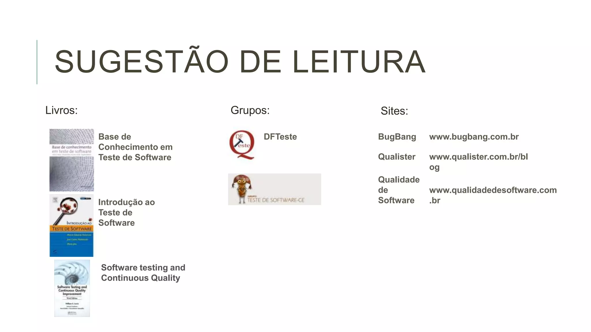 SUGESTÃO DE LEITURA
Livros:

Grupos:
Base de
Conhecimento em
Teste de Software

Introdução ao
Teste de
Software

Software testing and
Continuous Quality

DFTeste

Sites:
BugBang

www.bugbang.com.br

Qualister

www.qualister.com.br/bl
og

Qualidade
de
Software

www.qualidadedesoftware.com
.br

 