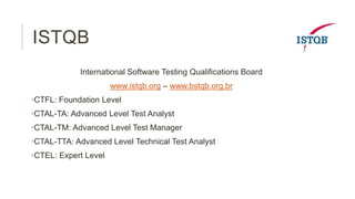 ISTQB
International Software Testing Qualifications Board
www.istqb.org – www.bstqb.org.br
•CTFL: Foundation Level
•CTAL-TA: Advanced Level Test Analyst
•CTAL-TM: Advanced Level Test Manager
•CTAL-TTA: Advanced Level Technical Test Analyst
•CTEL: Expert Level

 