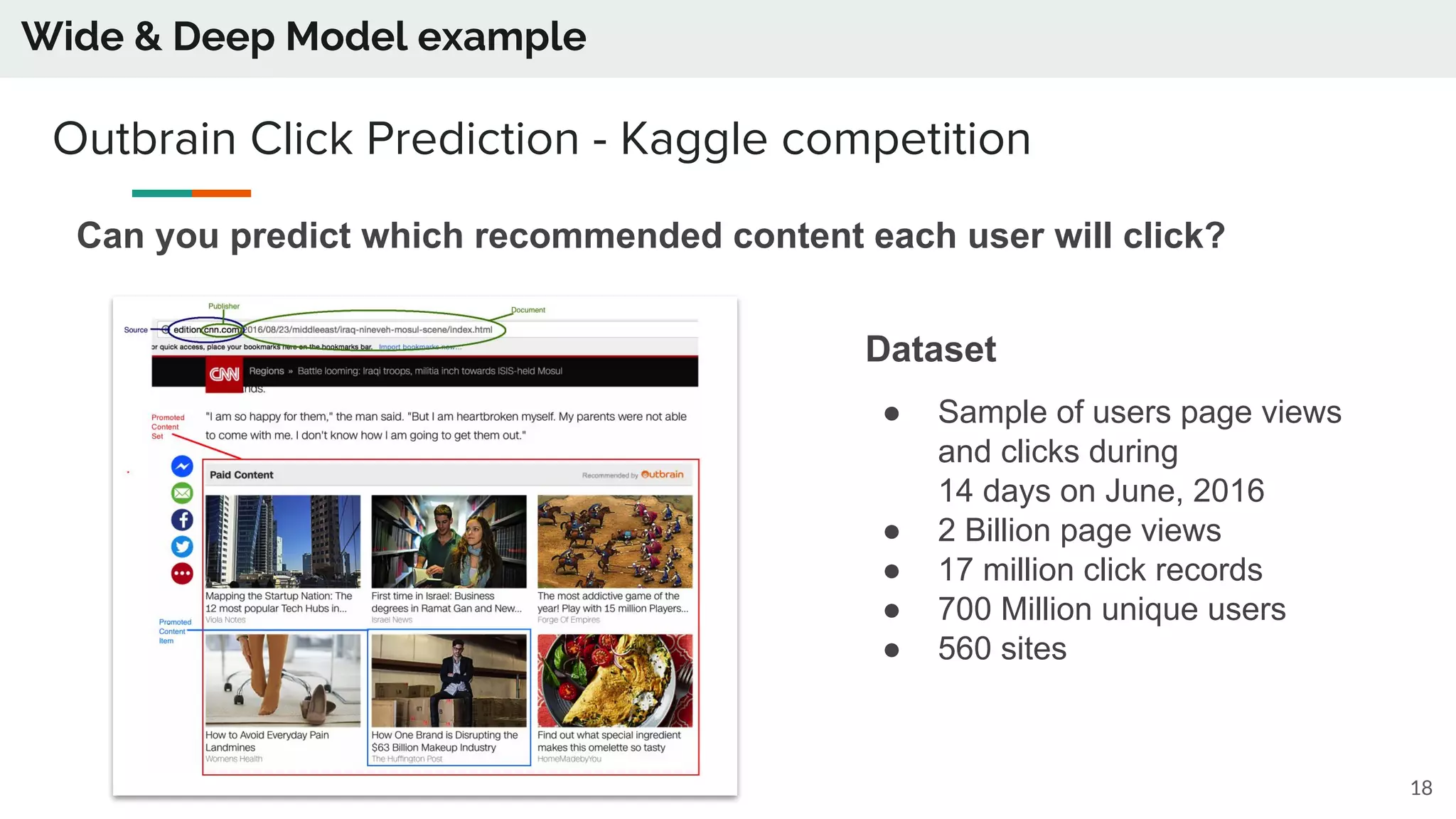 Outbrain Click Prediction - Kaggle competition
Dataset
● Sample of users page views
and clicks during
14 days on June, 2016
● 2 Billion page views
● 17 million click records
● 700 Million unique users
● 560 sites
Can you predict which recommended content each user will click?
18
Wide & Deep Model example
 