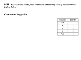 NOTE : Tick() marks can be given on the basis of the rating scale of allotment marks
is given below.
Comment or Suggestion :
GRADES POINTS
V.P 1
P 2
A 3
G 4
V.G 5
 