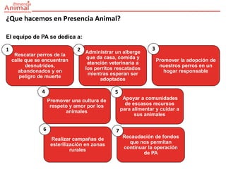 ¿Que hacemos en Presencia Animal?

El equipo de PA se dedica a:

1                               2 Administrar un alberge        3
     Rescatar perros de la
                                    que da casa, comida y
    calle que se encuentran                                         Promover la adopción de
                                    atención veterinaria a
          desnutridos,                                               nuestros perros en un
                                   los perritos rescatados
       abandonados y en                                                hogar responsable
                                    mientras esperan ser
       peligro de muerte
                                         adoptados

                4                              5
                    Promover una cultura de         Apoyar a comunidades
                     respeto y amor por los          de escasos recursos
                           animales                para alimentar y cuidar a
                                                         sus animales

                6                              7
                     Realizar campañas de           Recaudación de fondos
                     esterilización en zonas          que nos permitan
                              rurales               continuar la operación
                                                            de PA
 