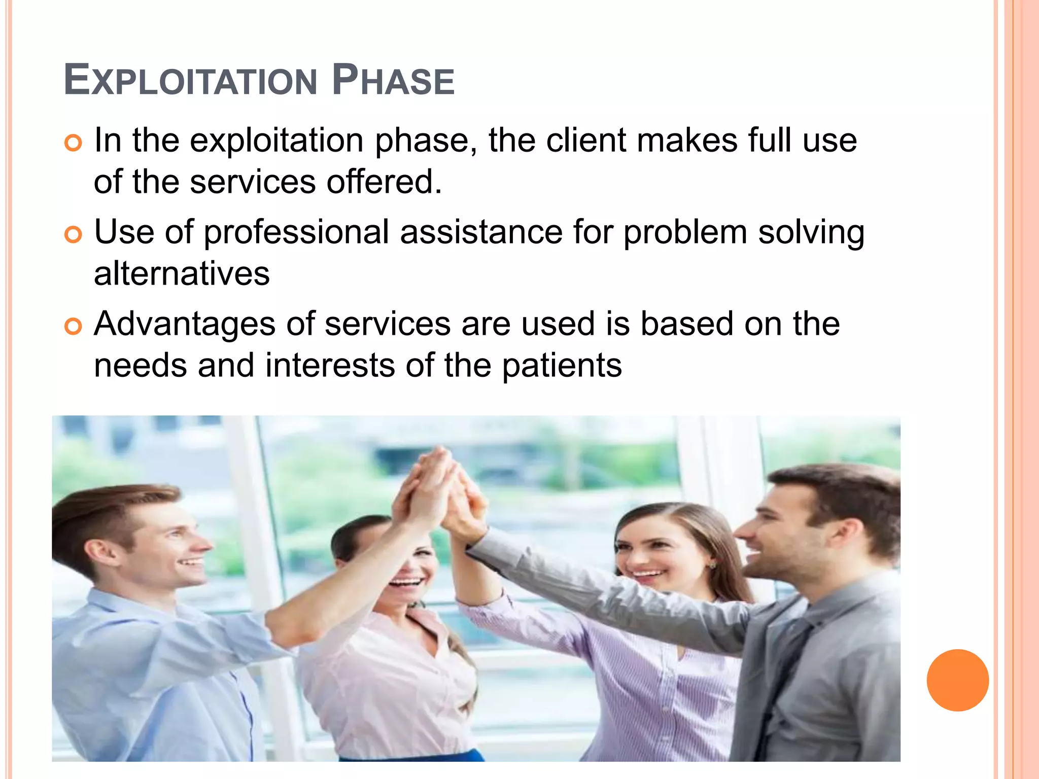 EXPLOITATION PHASE
 In the exploitation phase, the client makes full use
of the services offered.
 Use of professional assistance for problem solving
alternatives
 Advantages of services are used is based on the
needs and interests of the patients
 