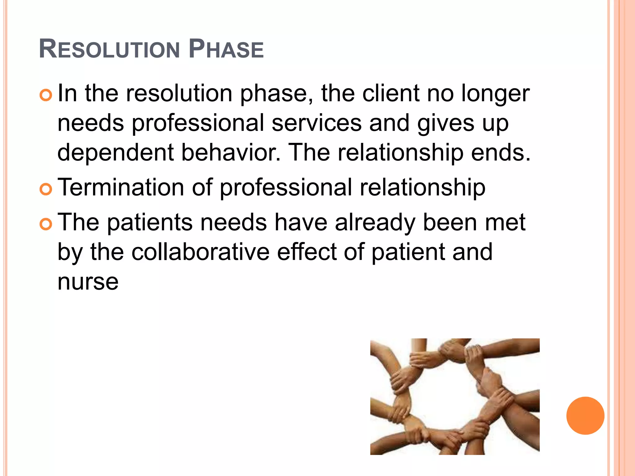 RESOLUTION PHASE
 In the resolution phase, the client no longer
needs professional services and gives up
dependent behavior. The relationship ends.
 Termination of professional relationship
 The patients needs have already been met
by the collaborative effect of patient and
nurse
 