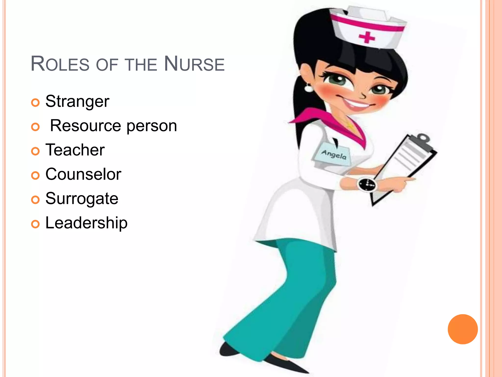 ROLES OF THE NURSE
 Stranger
 Resource person
 Teacher
 Counselor
 Surrogate
 Leadership
 