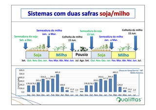 Soja Milho Soja MilhoPousio
Colheita do milho
15 Jun.
Semeadura da soja
15 Set.
Semeadura da soja 
Set. a Dez.
Semeadura do milho
Jan.  a Mar.
178,0178,0
263,0
359,0
317,0
366,0
485,0
140,0
47,0
15,0 2,0 23,0
178,0178,0
263,0
359,0
317,0
366,0
485,0
140,0
47,0
15,0 2,0
0,0
100,0
200,0
300,0
400,0
500,0
600,0
Sep Oct Nov Dec Jan Feb Mar Apr May Jun Jul Ago Sep Oct Nov Dec Jan Fev Mar Abr May Jun Jul
CHUVA (MM)
Chuva em Sinop/Sorriso – MT
Média histórica
Semeadura do milho
Jan.  a Mar.
Colheita do milho
15 Jun.
Set.  Out. Nov. Dez. Jan.  Fev. Mar. Abr. Mai. Jun.  Jul. Ago. Set.  Out. Nov. Dez. Jan. Fev. Mar. Abr. Mai. Jun. Jul. 
 
