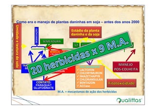 DESSECAÇÃO
TRANSLOCAÇÃO:
GLYPHOSATE
2,4‐D
CONTATO:
PARAQUAT
GLUFOSINATE
PÓS‐EMERGENTE
LACTOFEN
CHLORYMURON
IMAZETHAPYR
CHLORANSULAN
BENTAZON
ACCase
Como era o manejo de plantas daninhas em soja – antes dos anos 2000
M.A. = mecanismos de ação dos herbicidas
Umidade e textura do solo
RESIDUAL – PP OU PRÉ
FLUMIOXAZINA
SULFENTRAZONE
TRIFLURALINA
METRIBUZIN
DICLOSULAN
METOLACHLOR
FLUMETSULAN
IMAZAQUIN
Estádio da planta 
daninha e da soja
 