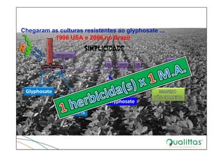 Chegaram as culturas resistentes ao glyphosate ...
1996 USA e 2006 no Brazil
Glyphosate
Glyphosate
CONTATO:
PARAQUAT
GLUFOSINATO
FLUMIOXAZIN
CHLORIMURON
IMAZETHAPYR
 