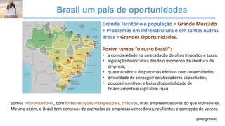 Brasil um país de oportunidades
Grande Território e população = Grande Mercado
+ Problemas em infraestrutura e em tantas outras
áreas = Grandes Oportunidades.
Porém temos “o custo Brasil”:
• a complexidade na arrecadação de altos impostos e taxas;
• legislação burocrática desde o momento da abertura da
empresa;
• quase ausência de parcerias efetivas com universidades;
• dificuldade de conseguir colaboradores capacitados;
• poucos incentivos e baixa disponibilidade de
financiamento e capital de risco.
Somos improvisadores, com fortes relações interpessoais, criativos, mais empreendedores do que inovadores.
Mesmo assim, o Brasil tem centenas de exemplos de empresas vencedoras, resilientes e com cede de vencer.
@neigrando
 