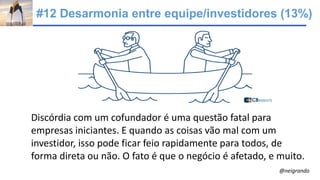 #12 Desarmonia entre equipe/investidores (13%)
Discórdia com um cofundador é uma questão fatal para
empresas iniciantes. E quando as coisas vão mal com um
investidor, isso pode ficar feio rapidamente para todos, de
forma direta ou não. O fato é que o negócio é afetado, e muito.
@neigrando
 