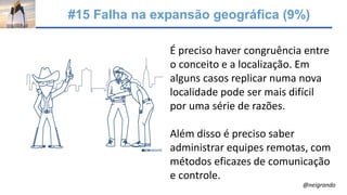 #15 Falha na expansão geográfica (9%)
É preciso haver congruência entre
o conceito e a localização. Em
alguns casos replicar numa nova
localidade pode ser mais difícil
por uma série de razões.
Além disso é preciso saber
administrar equipes remotas, com
métodos eficazes de comunicação
e controle.
@neigrando
 
